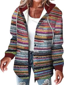 ASKSA Damen Winterjacke Karierte Hemdjacke Wolljacke Fleece Gefuettert Warme Kapuzenjacke Laessige Knopfleiste Jacke Mantel mit Taschen (Mehrfarbig,S)