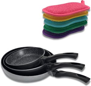 3er-Set Steinpfannen mit 5 CLEVER SPONGE - Antihaftbeschichtung - Wiederverwendbare Reinigungsschwämme