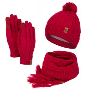 Damen Mütze Schal Winter Set | Gefütterte Strickmütze mit Bommel | Winterschal mit Fransen | Touchscreen Handschuhe Rot