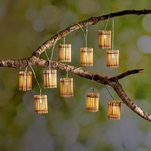 LED Batterie Lichterkette Bambus mit 10 Laternen Garten Balkon Terrasse Deko Beleuchtung
