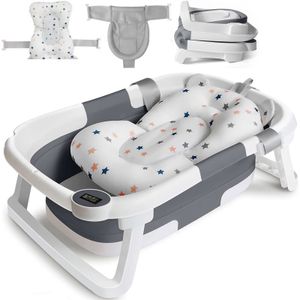 Baby Badewanne Faltbare Babybadewanne mit Thermometer, Klappbare Tragbare Neugeborenen kinderbadewannen für Babys von 0-36 Monaten, Grau