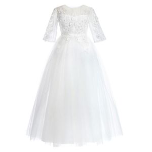 Kinder Mädchen elegante Vintage Spitze Tüll Langes Abendkleid Prinzessin Kleid, Weiß, 140cm