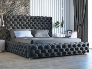 Čalúnená posteľ GRAINGOLD Glamour 200x200 cm Heaven - posteľ Chesterfield s lamelovým roštom - veľká zásuvka, velúrová látka - čierna (Monolit 95)