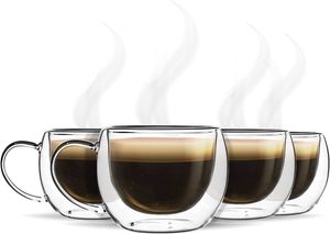 SCHLOSSEREI BAYERWALD Thermogläser Set 4 Stück je 280 ml - Doppelwandige Gläser mit Griffen für Heiße oder Kalte Getränke Kaffeetasse Teebecher Latte Cappuccino Tee – Tassen aus Glas Geschenk…