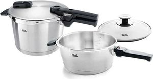 Fissler Vitaquick / Schnellkochtopf-Set, 3-teilig (2 Schnellkochtöpfe mit Metalldeckel 3,5 L + 6 Liter ,1 Zusatz-Glasdeckel) – Induktion