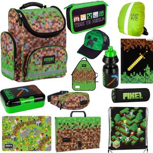 Set Minecraft 13 Teile Schulrucksack Federmappe Schürze Gürteltasche Turnbeutel Brotdose Trinkflasche Gürteltasche Gummizugmappe Tischunterlage Aktentasche Schürze Minecraft Motiv ab der 1. Klasse