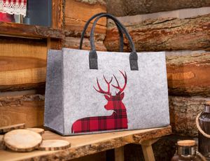 Filztasche "Hirsch" grau mit rot-schwarz kariertem Motiv, Einkaufstasche, Shopper