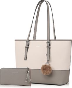 Mofut Handtasche Damen mit Geldbörse und Schlüsselanhänger, Groß Elegant Damen Handtasche, ​Geschenke für Frauen Grau/Beige