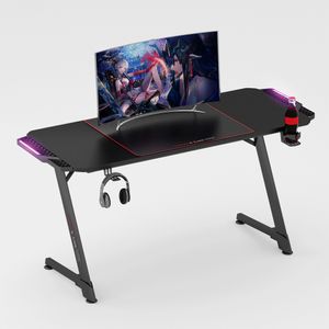 EXCAPE Gaming Tisch Z14 mit LED Beleuchtung 140cm (+ 16cm Extensions) - Beine in Z-Form, Carbon-Optik, Schreibtisch Gaming - Gamingtisch, Getränkehalter, Kopfhörerhalter-PC Tisch, Gamer Desk