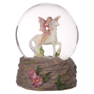 Glitzerkugel Elfe auf Einhorn, rote Blumen, Schneekugel Figur Schneekugeln Fee Fairy Märchen