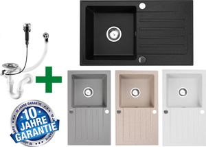 [Granitspüle 76x44 in verschiedenen Farben]Hochwertig beidseitig Montierbar Küchenspüle Eckig Einbaugranitspüle Granit Spülbecken f. Unterschränke ab 45 cm inkl.Siphon Set, K-Farbe:Schwarz