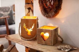 Kerzenhalter "Hirsch" aus recyceltem Holz im Shabby Look mit Windlichtglas, Holzlaterne, Hängelaterne, Windlicht, Kerzenständer