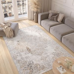 Teppich Wohnzimmer Schlafzimmer Kurzflor Modern Design Weiß Grau Vintage Blumen Used Effekt Meliert 300 x 400 cm