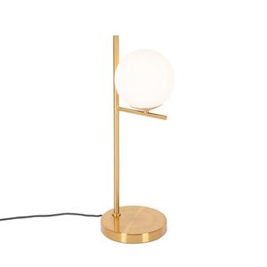 QAZQA - Design Art-Deco-Tischlampe aus Gold I Messing und Opalglas - Flore I Wohnzimmer I Schlafzimmer - Stahl Kugel I Kugelförmig I Länglich - LED geeignet E14