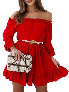 Damen Minikleider Taillierte Minikleider Sommer Kleider Feste Farbe Langärmer Kleid Rot,Größe S