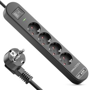 deleyCON 1,5m 4 Fach Steckdosenleiste mit USB Stromleiste 4x Schutzkontaktbuchsen 2x USB-A Ladebuchse für z.B. Handy & Tablet Überspannungsschutz EIN/AUS Schalter Schwarz