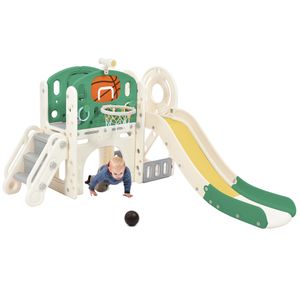 Merax 7 in 1 Kinder Rutsche mit Basketballkorb, Wurfring, Bogentunnel und Teleskop, Kinderrutsche Spielzentrum Spielplatz Spielhaus für Indoor & Outdoor