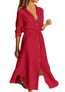 ASKSA Dámské ležérní šaty Letní košilové šaty s dlouhým rukávem Volné pevné midi šaty se šňůrkou, červené, M