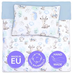 Baby Bettwäsche Set 90 x 120 cm - Kinderbettwäsche Babybettwäsche mit Kissenbezug 60x40 aus Baumwolle Igel Blau