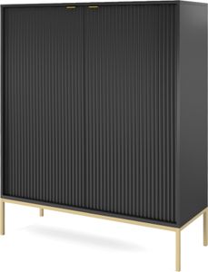 DomoHome Komoda z wysokim ożebrowaniem NOVA - 2 drzwi Komoda ze złotymi uchwytami Kolor: Czarny Komoda Glamour na złotych nóżkach 125x104x39cm - Elegancki mebel do salonu