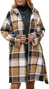 ASKSA Damen Karierte Mittellange Trenchcoat Hemdjacke mit Gürtel Kapuzen Oversize Jacken Mantel, Khaki, S