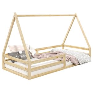 Hausbett SILA aus massiver Kiefer, schönes Montessori Bett in 90 x 190 cm, stabiles Kinderbett mit Rausfallschutz und Dach in naturfarben