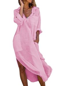ASKSA Damen Elegant Kleider Einfarbig Lang Hemdkleid Midi Tunika Sommerkleider mit Taschen, Rosa, 2XL