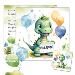 Dino Einladung Kindergeburtstag Junge | XXL Dinosaurier Einladungskarten Geburtstag 15 x 15 cm | 10er Set mit Stickern | Geburtstagseinladungen Jungen