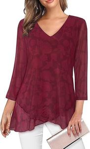 Damen Asymmetrische Saum Mesh Bluse 3/4 Arm Tunika Oberteil Leichtes semi-transparentes Hemd