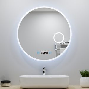LED Badspiegel Rund 80cm mit Touch/Wandschalter Beschlagfrei Kalt/Neutral/Warmweiß Dimmbar Badezimmerspiegel mit Uhr und 3-Fach Kosmetikspiegel IP44