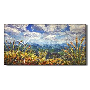 Dekor Leinwand Uhr Wandbilder Quarz 60x30 Ölgemälde Landschaft Berge Wolken - weiße Hände