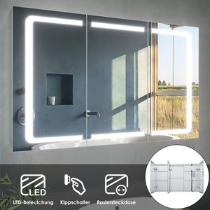 SONNI Spiegelschrank Bad LED mit Beleuchtung 105x65cm Rasiersteckdose Kippschalter 3-türig Edelstahl IP44