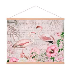 Stoffbild Kakemono mit Posterleisten Holz Natur Blumen Vogel Flamingo Rosa Blume, Größe: 35 x 35 cm