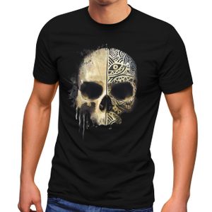 Herren T-Shirt Bedruckt Totenkopf Totenschädel Skull Tattoo Tribal Print Aufdruck Fashion Streetstyle Neverless® schwarz XS