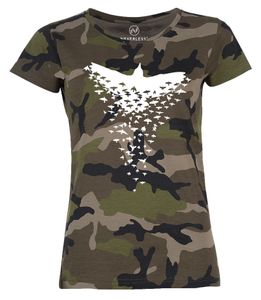 Damen Camo-Shirt Rabe Vogel-Schwarm Tiermotiv Printshirt Camouflage T-Shirt Tarnmuster Neverless® schwarz L