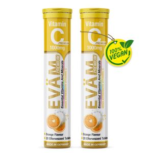 EVÄM Premium Vitamín C 1000 mg šumivé tablety s príchuťou pomaranča 2x 20 kusov Výživový doplnok s vysokou dávkou vitamínu C na podporu imunitného systému bez cukru Vyrobené v DE