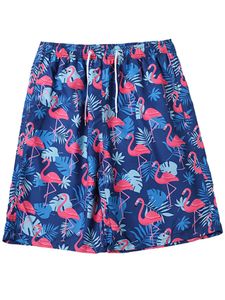 Herren Lässige Strandfarbe Patchwork Beachwear Jungen Lose Boardshorts mit Tierdruck,Farbe: Flamingo,Größe:2XL