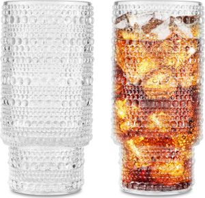 Sklenice na pití Aoresac s průhlednými korálky a vzorem hoblin, sada 6 kusů (312 ml), sada vintage sklenic, koktejlová sklenice, sklenice na džus, pohár na vodu se 6 skleněnými brčky a 2 kartáčky na brčka, skvělý dárek pro  majitele domů