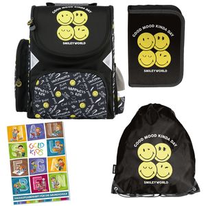 Školní taška pro kluky a holky, sada 4 ks - školní batoh pro děti s penálem - taška na boty a sešit s domácími úkoly - motiv emoji