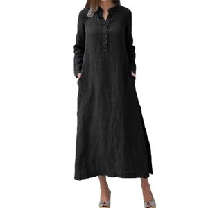 Damen Langarm-Revers Maxikleid Einreihig mit Taschen Freizeitkleid  Boho Locker Lang Kleid Schwarz,Größe XL