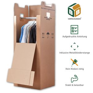 3 x Kleiderbox 60 kg Traglast stabiler Kleiderkarton mit Kleiderstange 2-wellig Umzugskarton Textilkarton BB-Verpackungen
