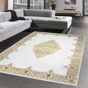 Moderner Teppich Wollteppich Wohnzimmerteppich Ornamente creme gold Größe - 160 x 230 cm