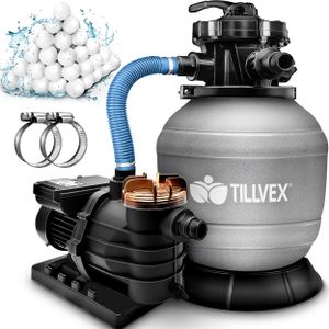 pieskový filtračný systém tillvex bazén 10 m³/h vrátane 800g filtračných guličiek čierny | filtračný systém 7-cestný ventil a adaptér 2v1 Ø32mm - 38mm | bazénový filter s indikátorom tlaku | pieskový filter pre bazény