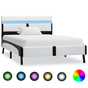 Klassische Betten Weiß Bettgestell mit LED Weiß und Schwarz Kunstleder 90×200 cm
