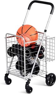 COSTWAY Skládací nákupní vozík, nákupní vozík s univerzálními koly a dvojitým košem, 48L+10L, přenosný ruční vozík s nastavitelnou rukojetí, univerzální vozík na kolečkách pro nákupy prádla (stříbrný)