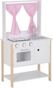 WOLTU 2 in 1 Kinderküche Spielküche inkl. Kochfeld mit Licht und Sound, Küche aus Holz mit Tafel, Spielzeugküche für Kinder, Weiß+rosa