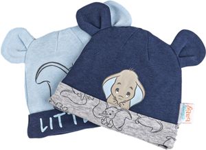 Disney Baby Mützchen  - 2er Pack - mit verschiedenen Motiven (Winnie the Pooh, Bambi, Dumbo) - Öko Tex, Größe:74-80, Farbe-Motiv:Dumbo - dunkel blau