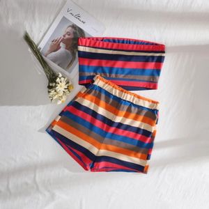 Damen Bunt Gestreifte Tube Top Shorts Zweiteiliges Schulterfreies Ärmelloses Loungewear Set,Farbe:Abbildung 6.,Größe:M