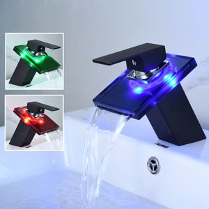 LED Glas Wasserfall Armatur Waschbecken Schwarz Wasserhahn Waschtisch Bad Mischbatterie Mit Farbwechsel Einhebelmischer Licht Badarmatur