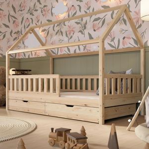 Crazy Pine Hausbett mit Schubladen 100x200 cm – Kinderbett aus Naturholz – Montessori Bodenbett mit zusätzlichen Stauraum - Crazy Blanco